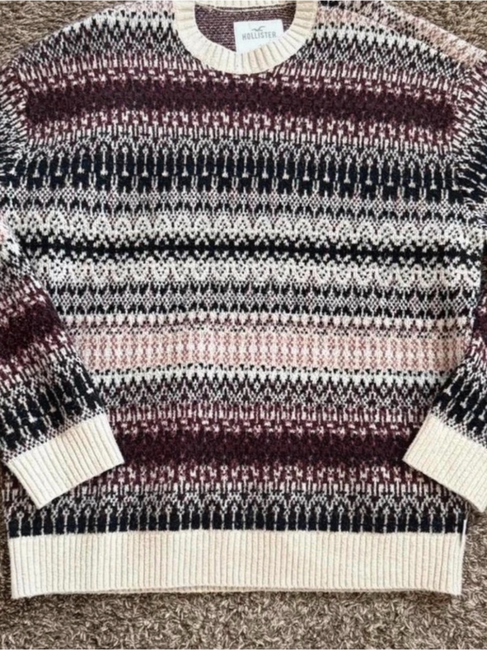Hollister Men's Cream, Burgundy & Black Fair Isle Crewneck Sweater